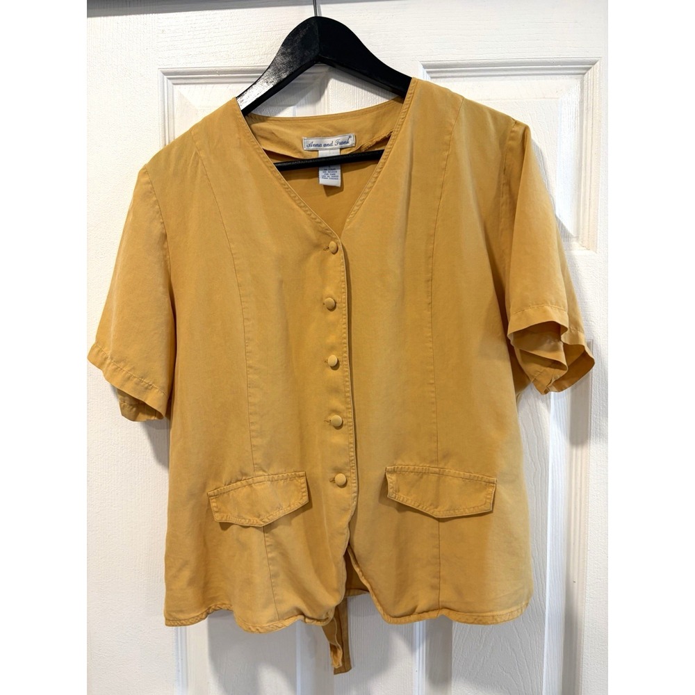 Anna and Frank top Women's L Mustard Yellow Vintage 100% Silk Romantic 90s